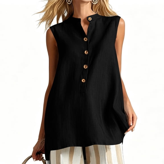 cocolona Summer Linen Tank Tops for Women Sleeveless Crew Neck Button Shirts Dressy Casual Solid Color Tunic Blouses