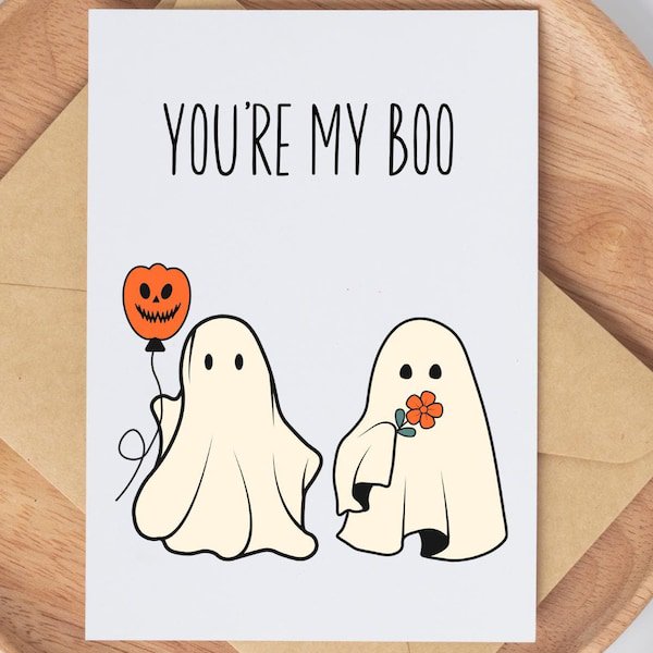You’re My Boo Halloween Greeting Card, Cute Ghost Illustration with Pumpkin Balloon and Flower, Romantic Card for Partners, Anniversaries, Valentine’s Day, or Fall Holidays