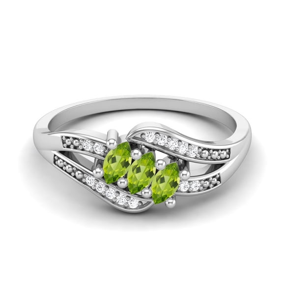 Mooneye 0.41 Ctw Marquise Peridot 925 Sterling Silver Three Stone Women Valentines Day Gift Ring