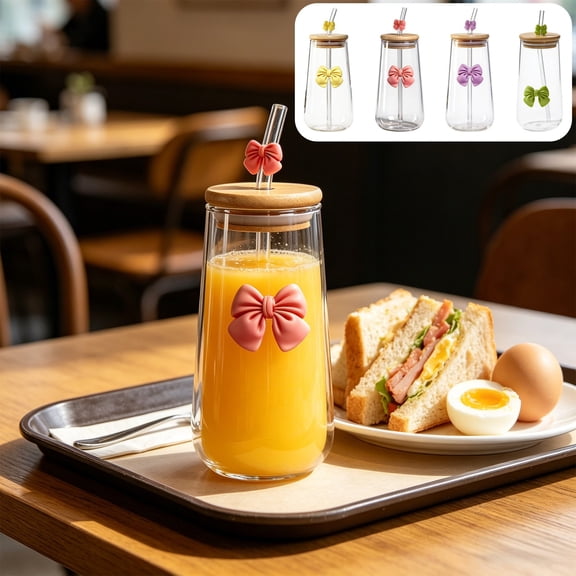 Glass Water Cup With Lid And Straw Butterfly Decoration – Thickened Lead-Free Glass Tumbler, Dustproof Cover, Reusable Straw, Indoor Outdoor Office Drinking Cup