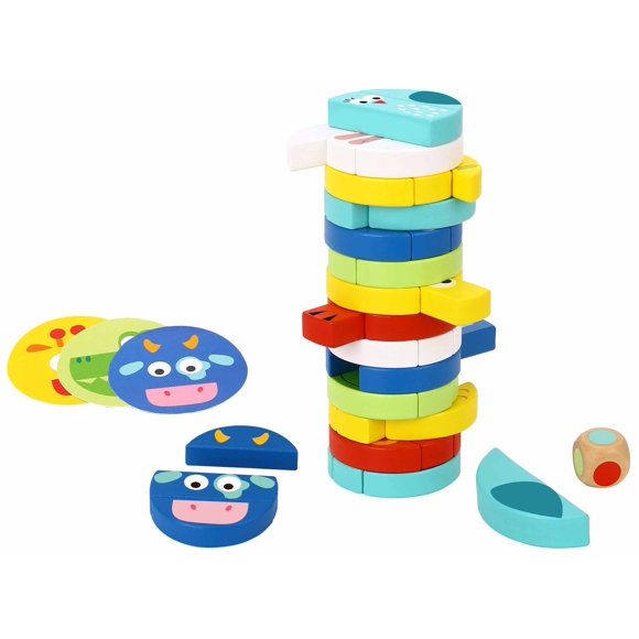 TOOKYLAND Wooden Tumble Tower Game - 61pcs - Stacking Blocks, Animal Cards and Die. Ages 3+