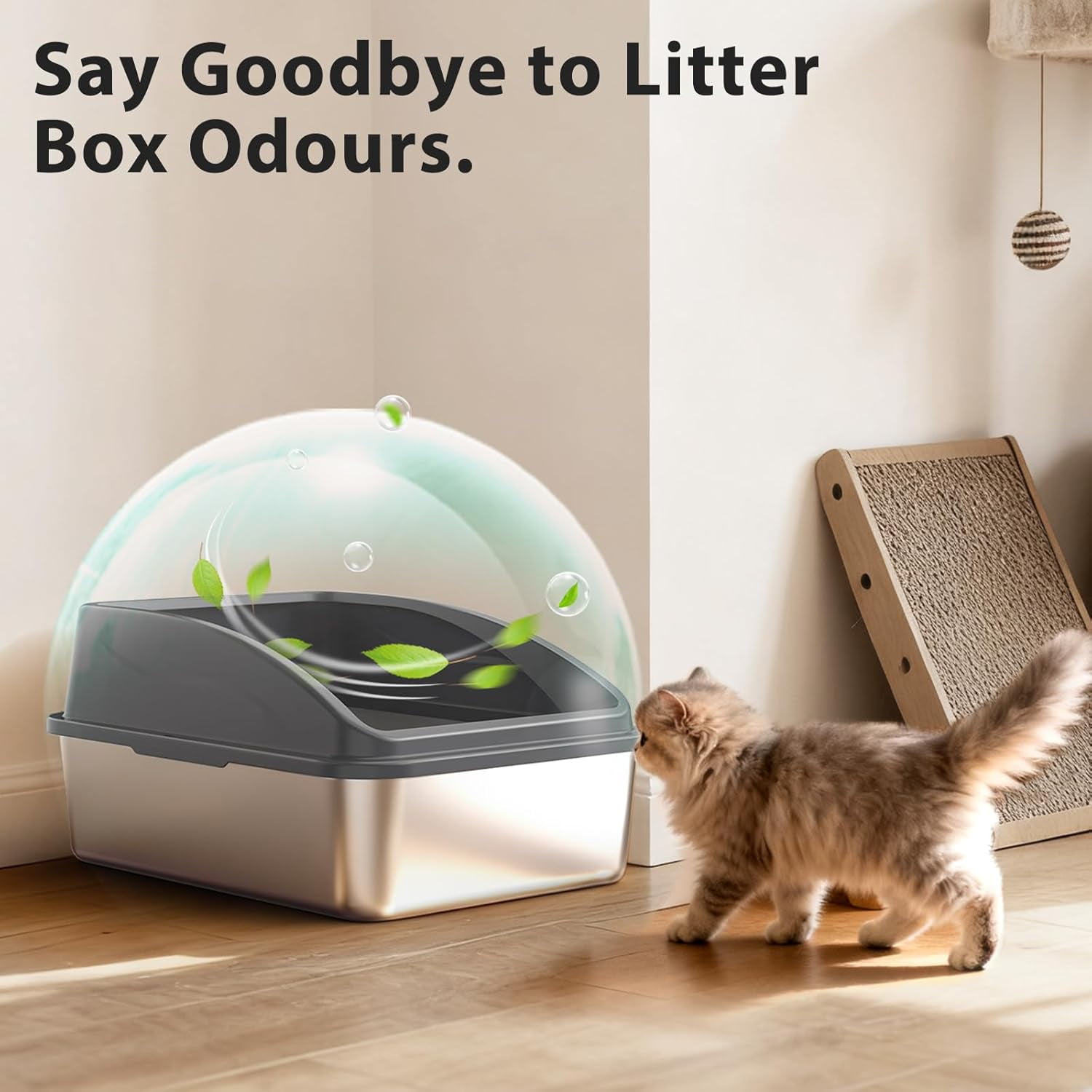 High Sided, Anti-Urine Leakage Stainless Steel Litter Box, XL Enclosed Cat Litter Boxes with Lid for Big Cats, Non-Stick Bottom, Includes Litter Mat & Metal Scoop