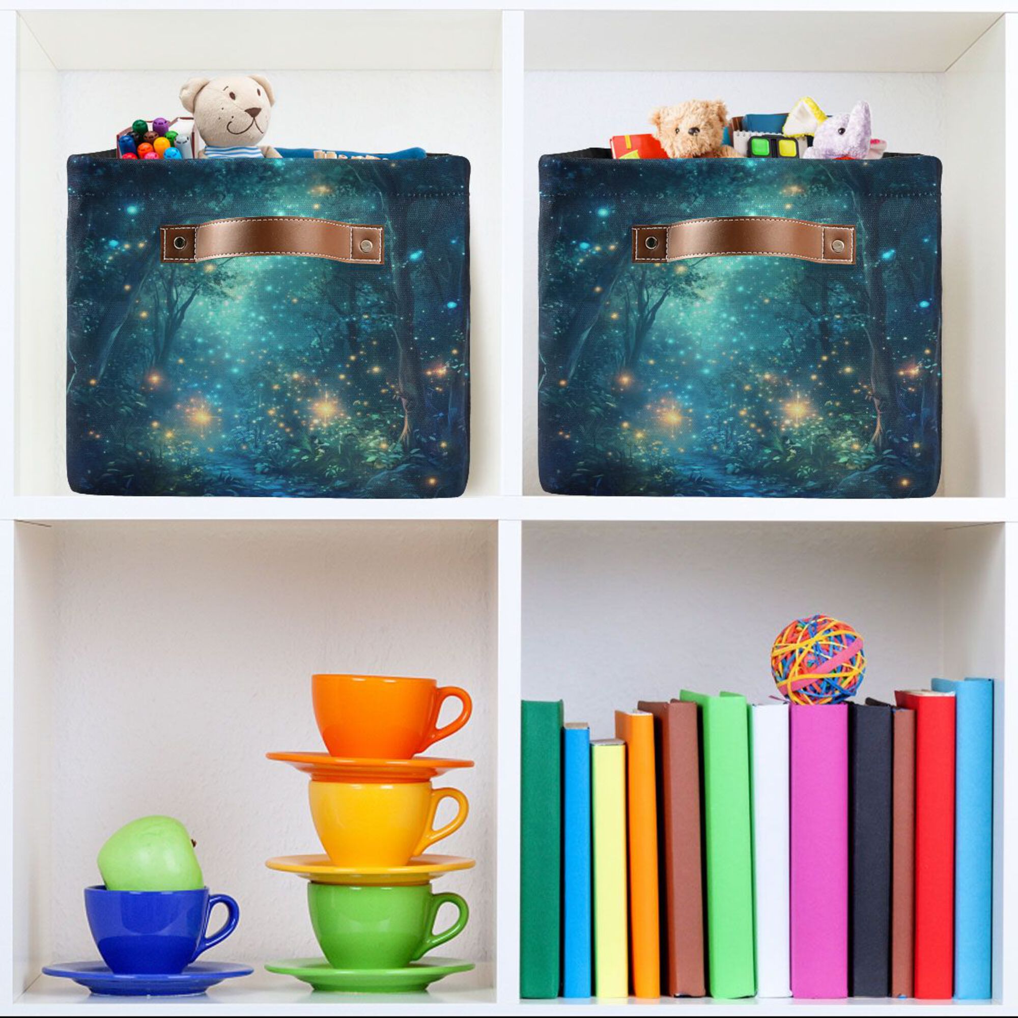 Yayeee Canvas Storage Basket with Handles for Shelves Fabric Bins Closet Organizer, Magical Forest Glowing Lights