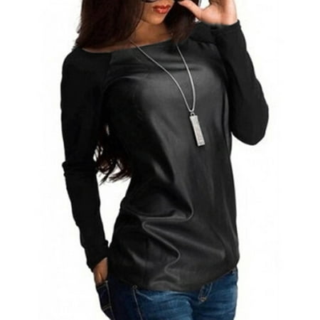HOMBOM Tops For Womens Sexy Leather Long Sleeve Sweatshirt T-Shirt Casual Loose Blouse Tops For Women 2022