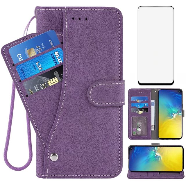 Asuwish Compatible with Samsung Galaxy S10e Wallet Case and Tempered Glass Screen Protector Flip Cover Credit Card