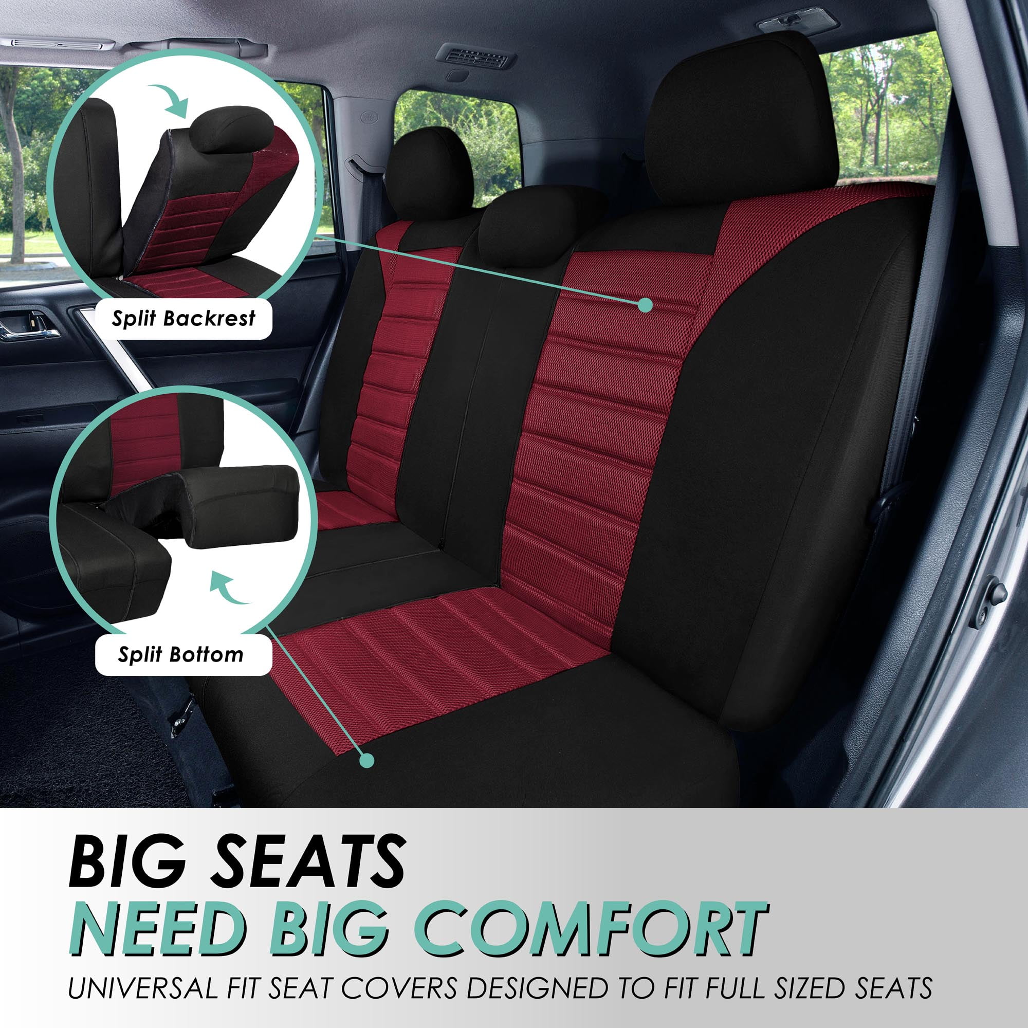 FH Group 3 Row Universal Fit Car Seat Covers Premium 3D Air Mesh with Removable Headrest,  Airbag Compatible for SUV, Sedan, Van Burgundy - 7 Seater