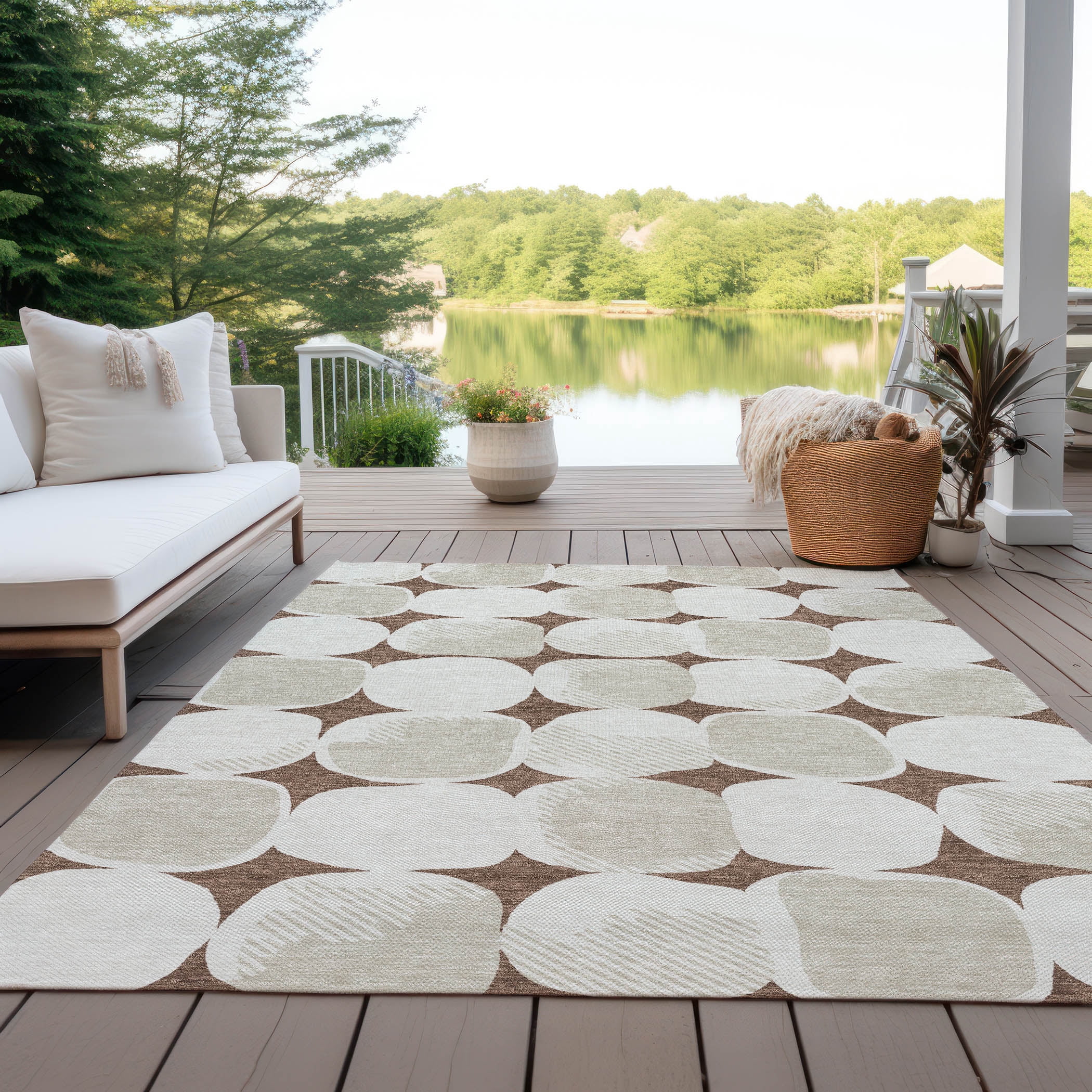 Addison Rugs Chantille Indoor/Outdoor Transitional Circles Brown Washable Rectangle Rug, 10' x 14'