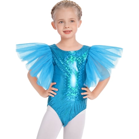 IBTOM CASTLE Shiny Metallic Ballet Leotards for Girls Toddler Ruffle Tulle Gymnastics Leotard Kids Halloween Dance Dress up 6-7 Years Blue