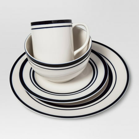 Threshold Cabot Stoneware Dinnerware Set 16-Piece Provides Service for Four, White with Blue Rim