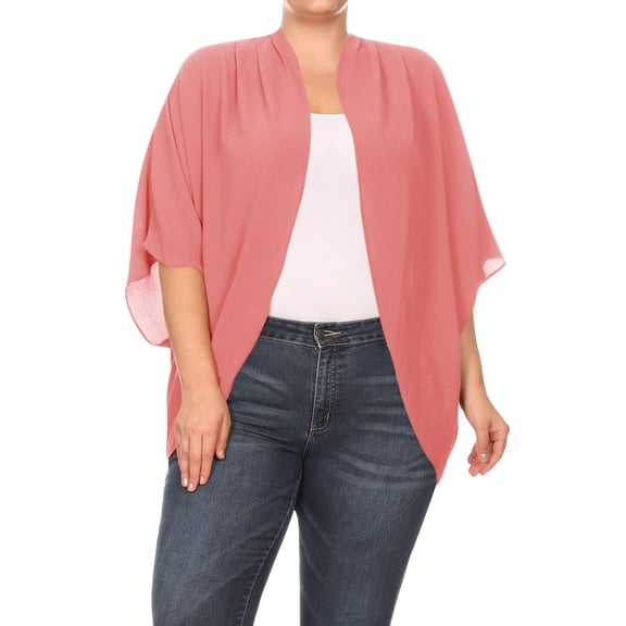 Women's Plus Size Loose Fit 3/4 Sleeves Kimono Style Open Front Solid Cardigan S-3XL
