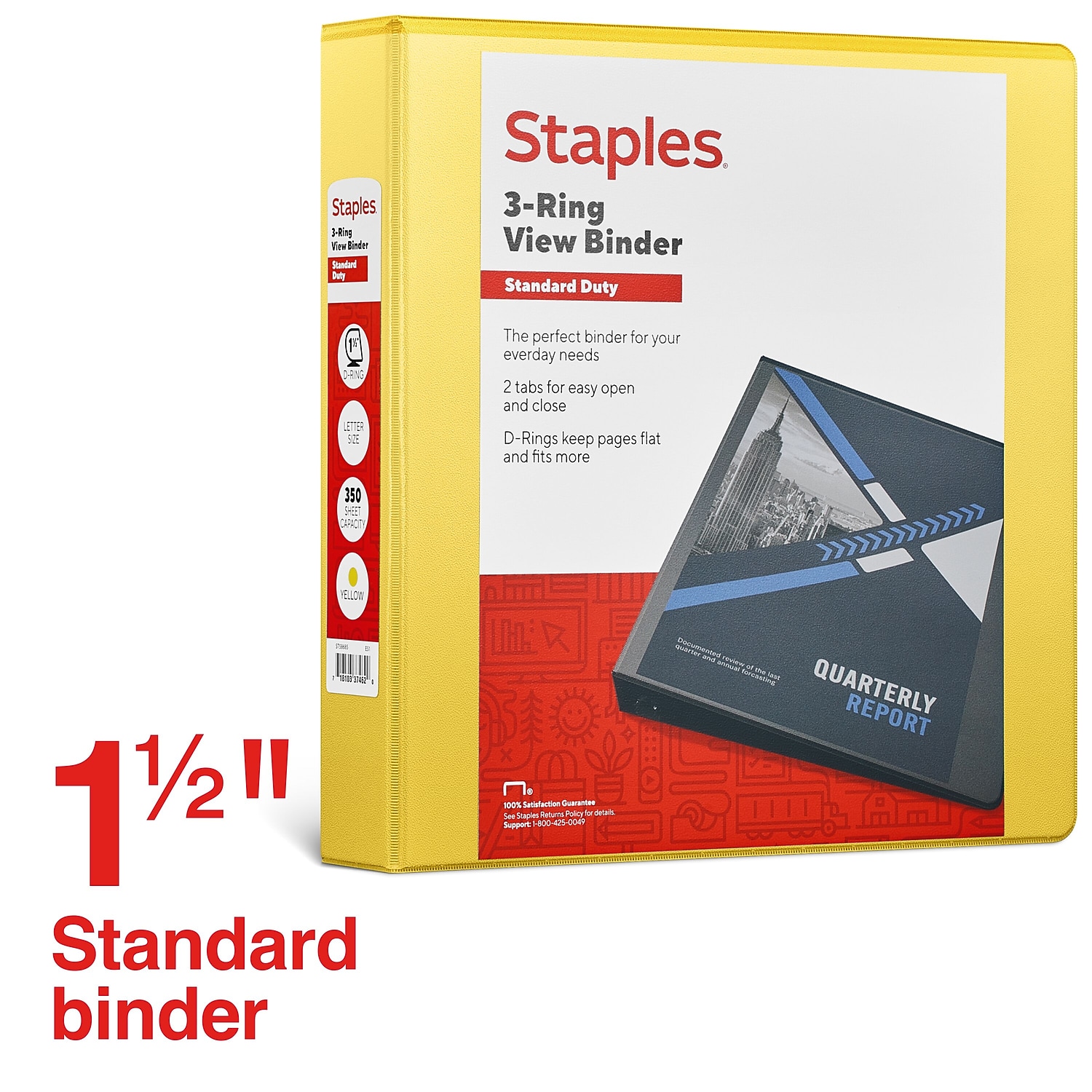 Staples Standard 1.5" 3-Ring D-Ring Binder, Yellow photo 2