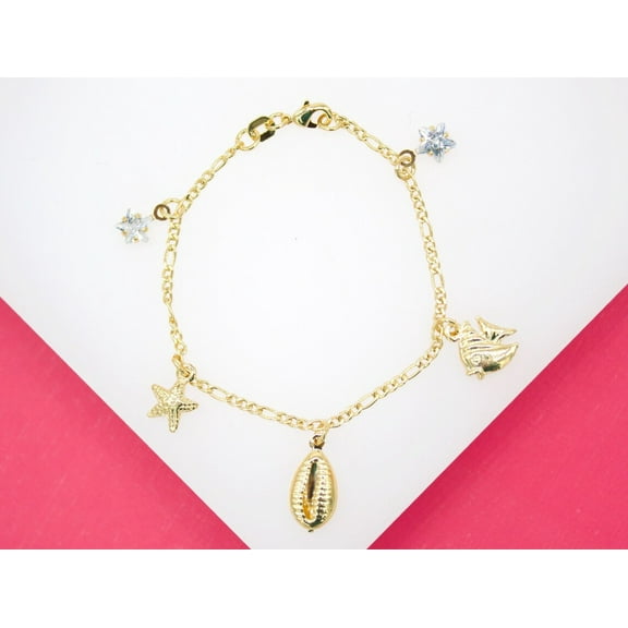 18K Gold Filled Dangle Star Cz Puka Shell Fish Charm Bracelet (XX15)