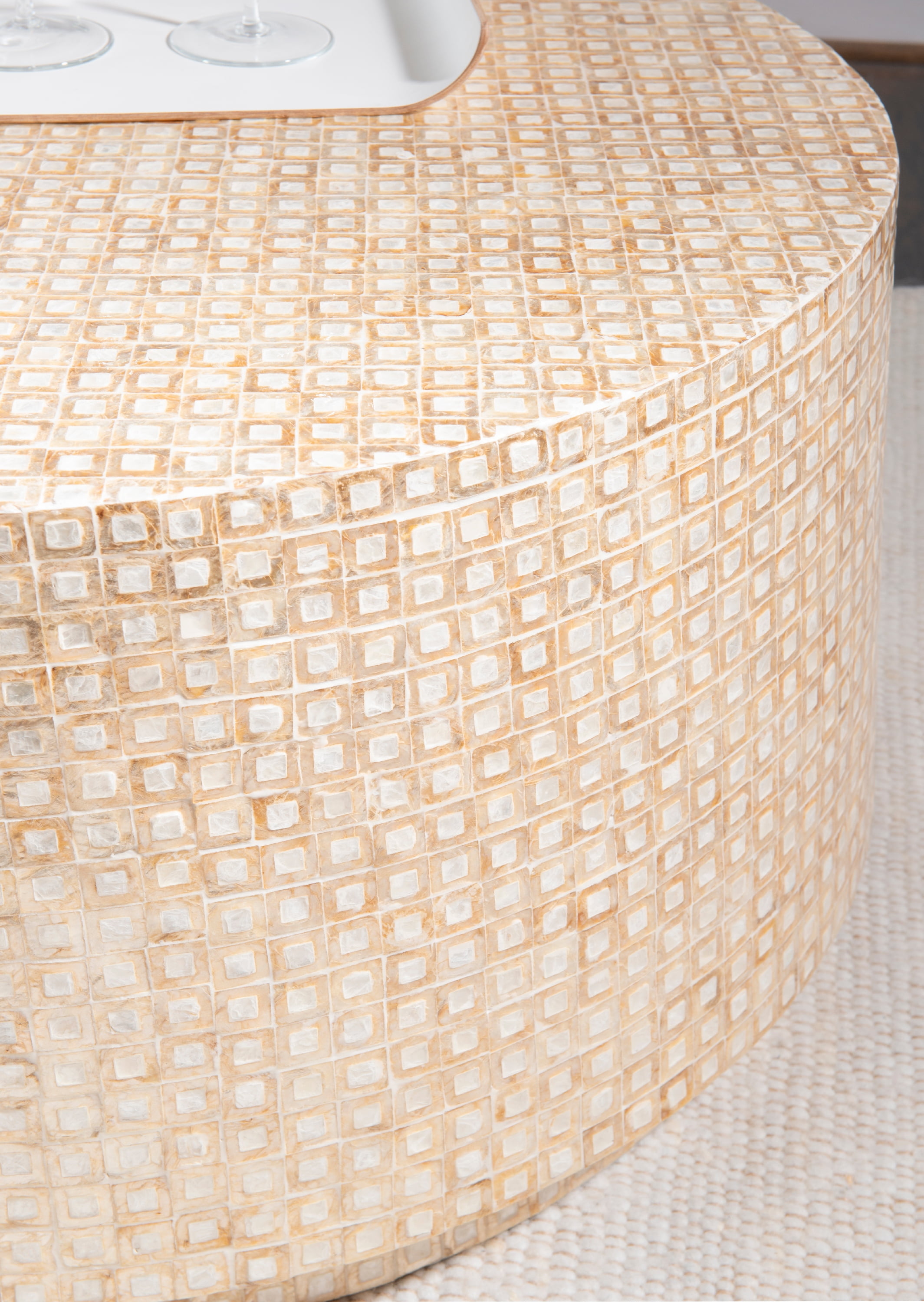 Linon Pomona Round Drum Coffee Table, Gold and Ivory Capiz Shell Finish