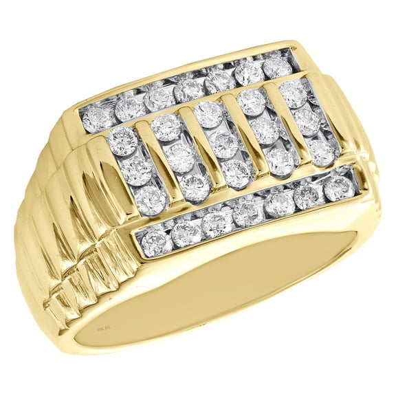10K Yellow Gold Diamond Ribbed Statement Band 13mm Channel Set Pinky Ring 1 CT.