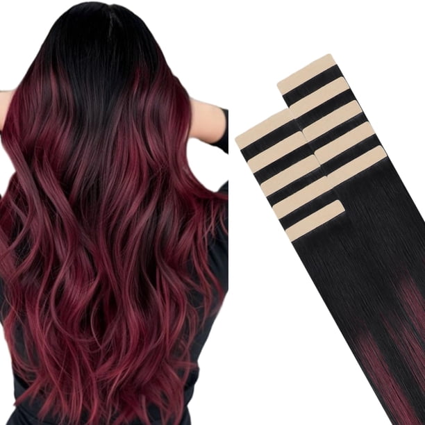 Extensiones de pelo con cinta adhesiva HOTBANANA, 26 cm, 10 unidades, 30 g, negro azabache a burdeos