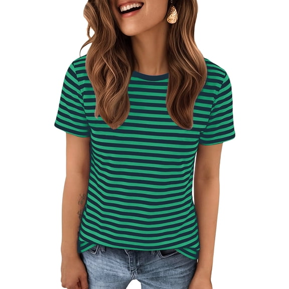 JUUNthy T-Shirt for Womens, Crewneck Short Sleeve Stripe Graphic 2026 Casual Summer Tops Army Green 2XL