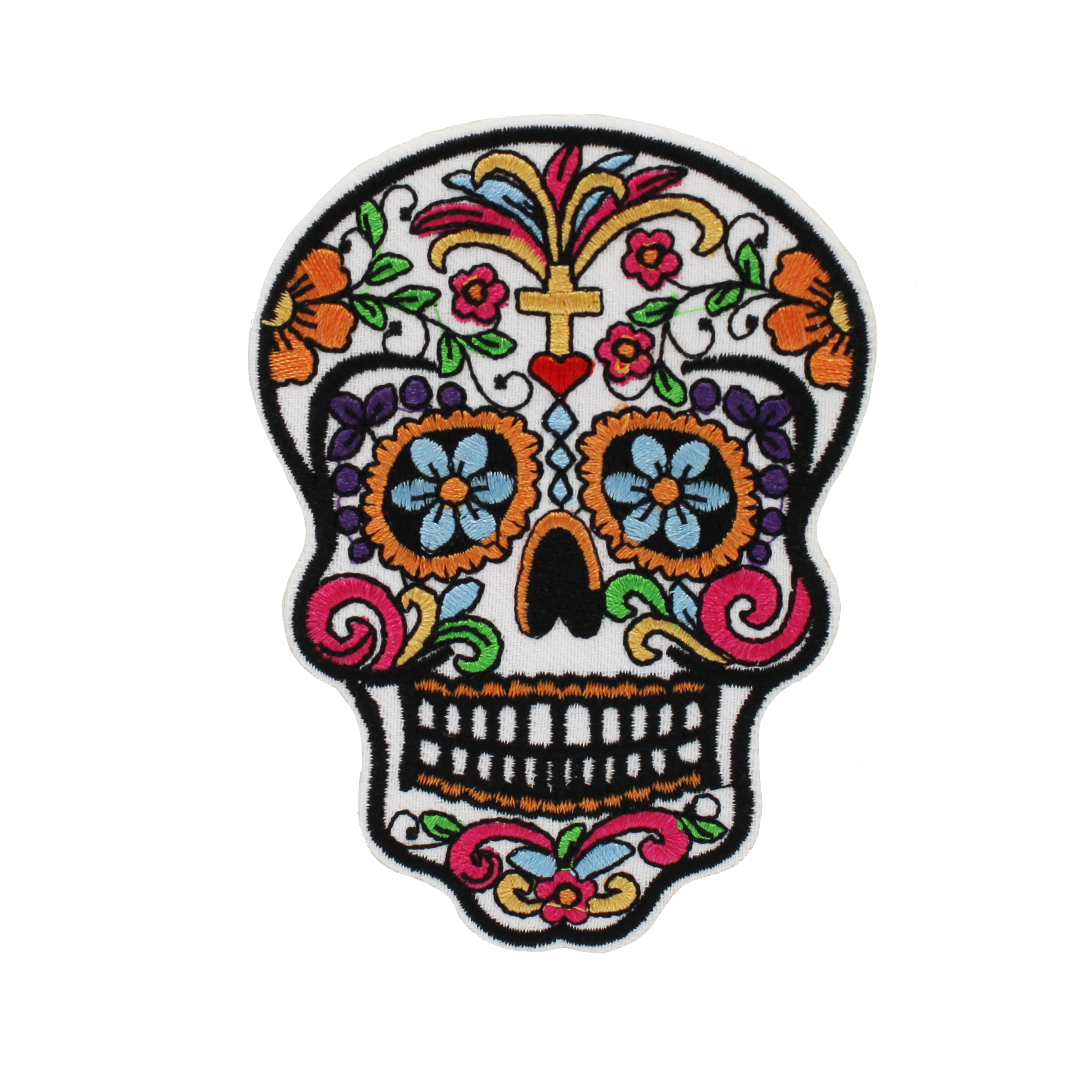 (3 pack) Gwen Studios Embroidered Multicolor Sugar Skull Iron-on Patch Applique, 2.9" x 3.9"