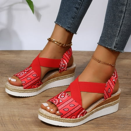 

〖Yilirongyumm〗 Red 38 Sandals Women Ladies Fashion Cashew Flower Fabric Elastic Wedge Wedge Platform Fish Mouth Sandals