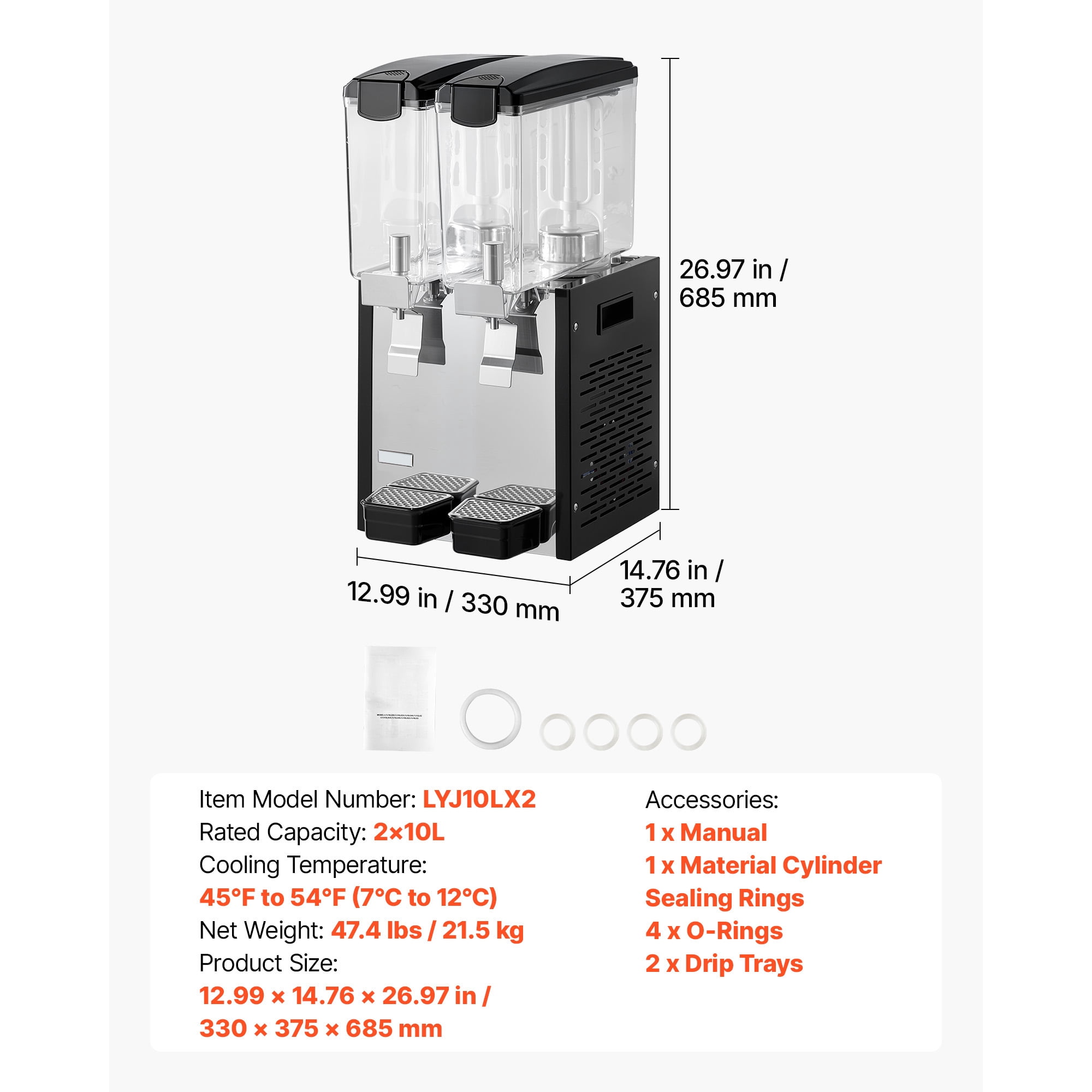 KFFKFF Commercial Beverage Dispenser with Dual 10L Tanks, Stainless Steel Construction, Cold Drink Machine with Adjustable Cooling Range of 45℉-54℉, Ideal for Restaurants, Bars, and Events