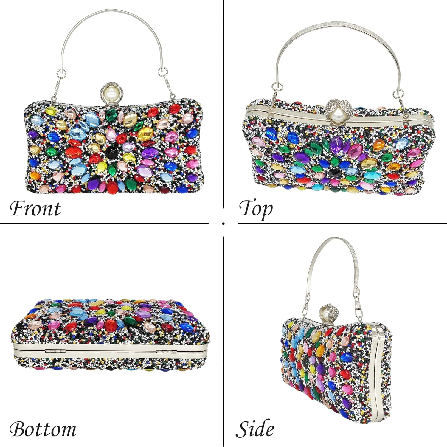 Kwuty Rhinestone Clutch Purses for Women Evening Wedding Formal - Round Pearl Clasp Handbag - Crystal Diamond Bag
