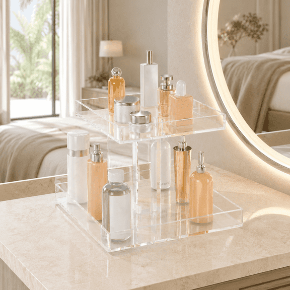 NIUBEE Perfume Organizer, Clear Acrylic, 2-Tier Space Saving Countertop Display Stand with Raised-Edge Trays, Bathroom Cosmetic Storage
