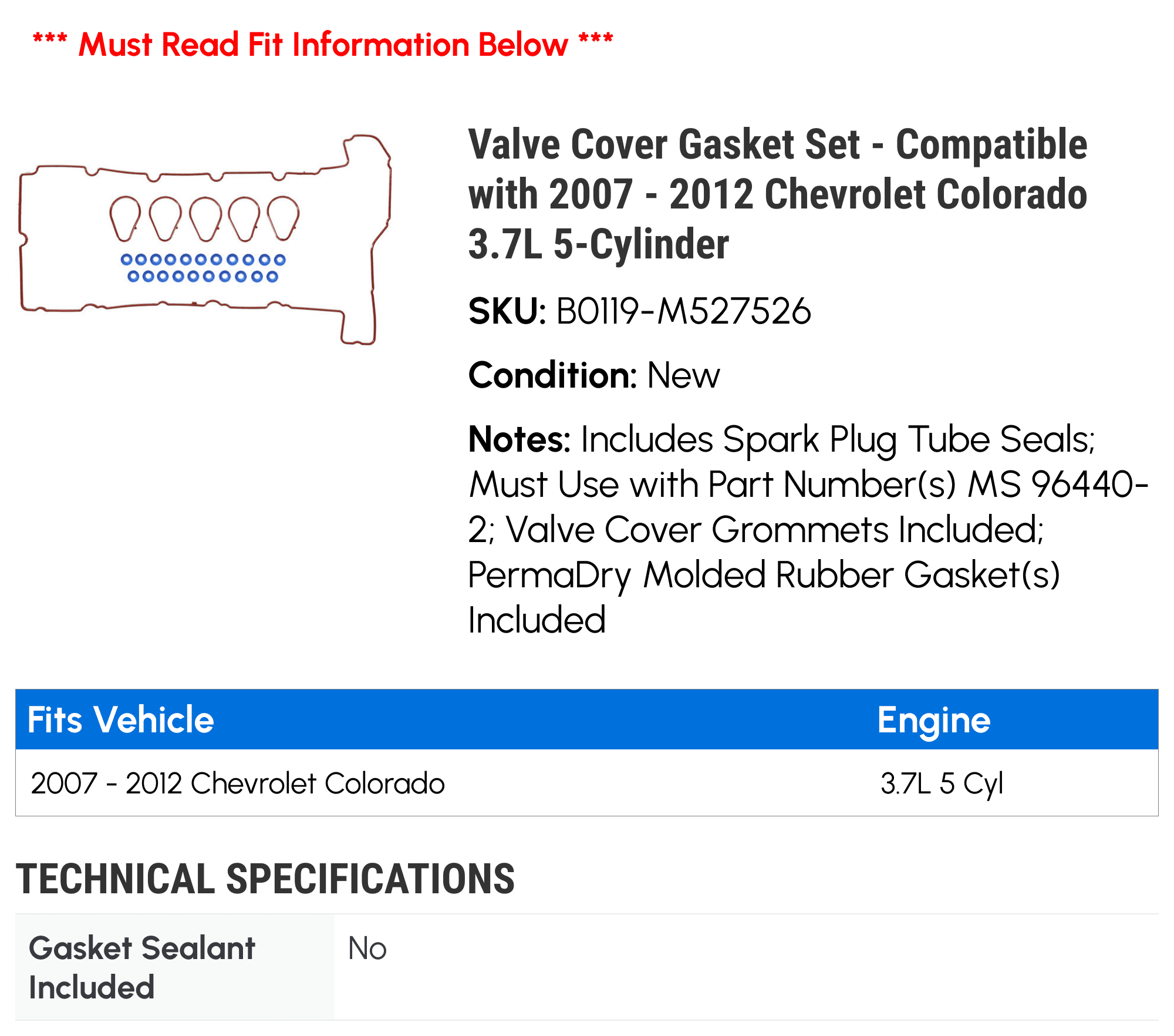 Valve Cover Gasket Set - Compatible with 2007 - 2012 Chevy Colorado 3.7L 5-Cylinder 2008 2009 2010 2011