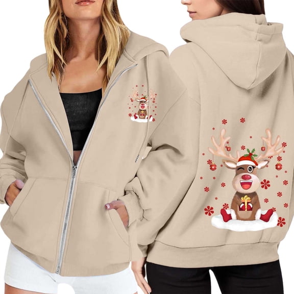 Ladies Christmas Printed Zipper Long Sleeve Hoodie with Drawstring and Pocket for Casual Wear