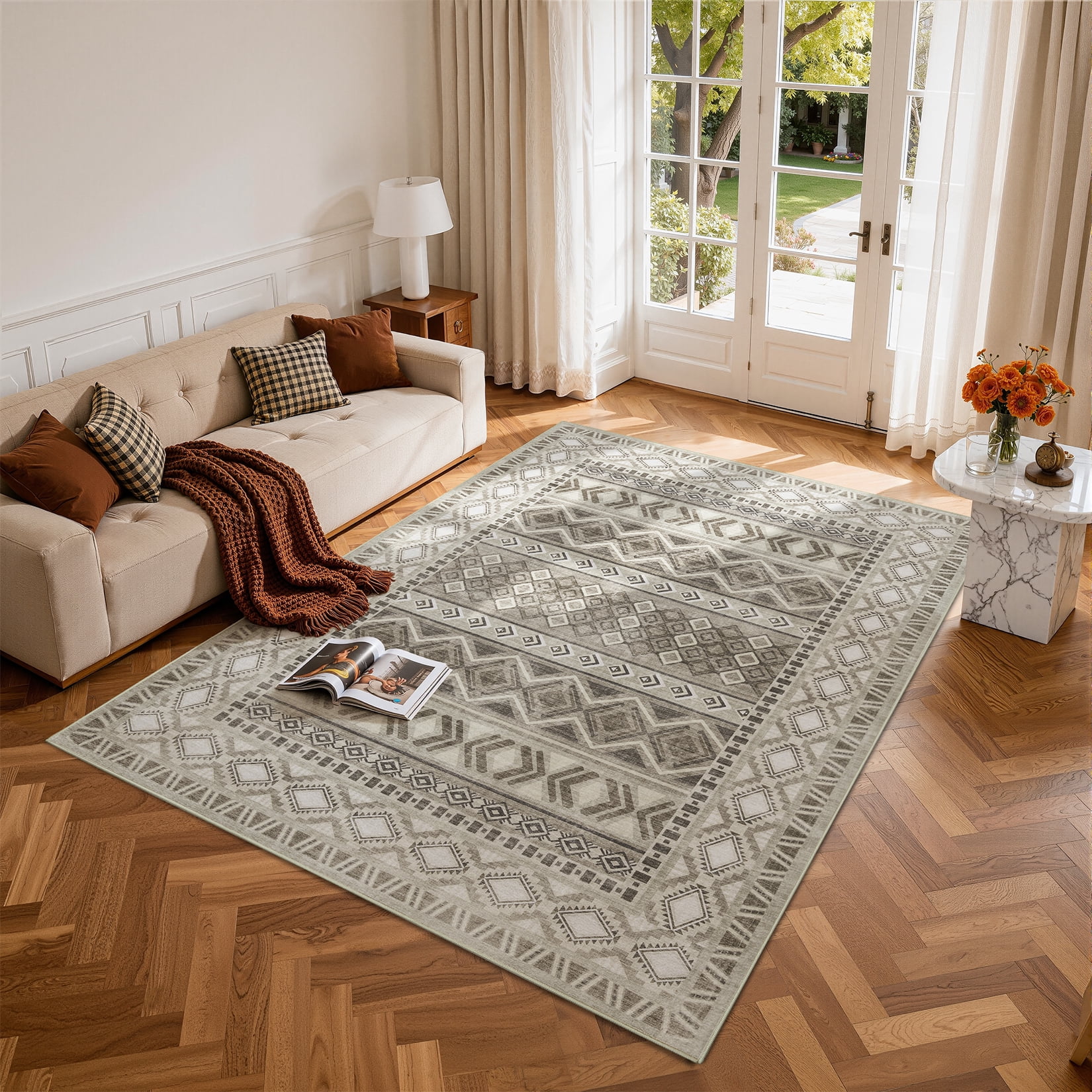 Toyoso 8x10 Southwestern Tribal Area Rug, Boho Geometric Carpet, 0.25" Durable Machine Washable Non-Slip Floor Cover for Dining Room and Living Area Centerpiece, Pet Friendly Rug