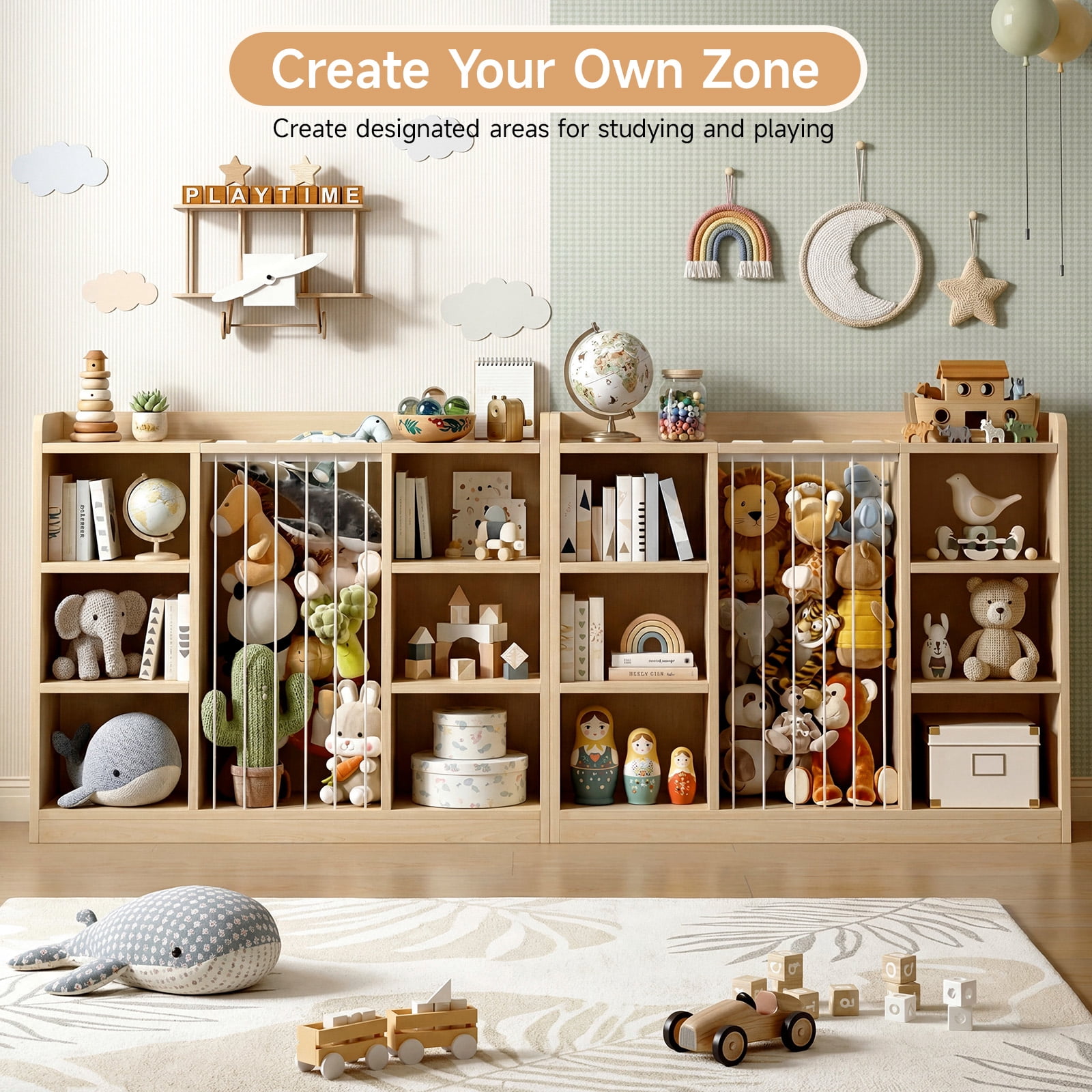 ROGALIS Book Shelf for Kid Room with 8 Storage Cubbies, Toddler Stuffed Animal Toy Storage Organizer