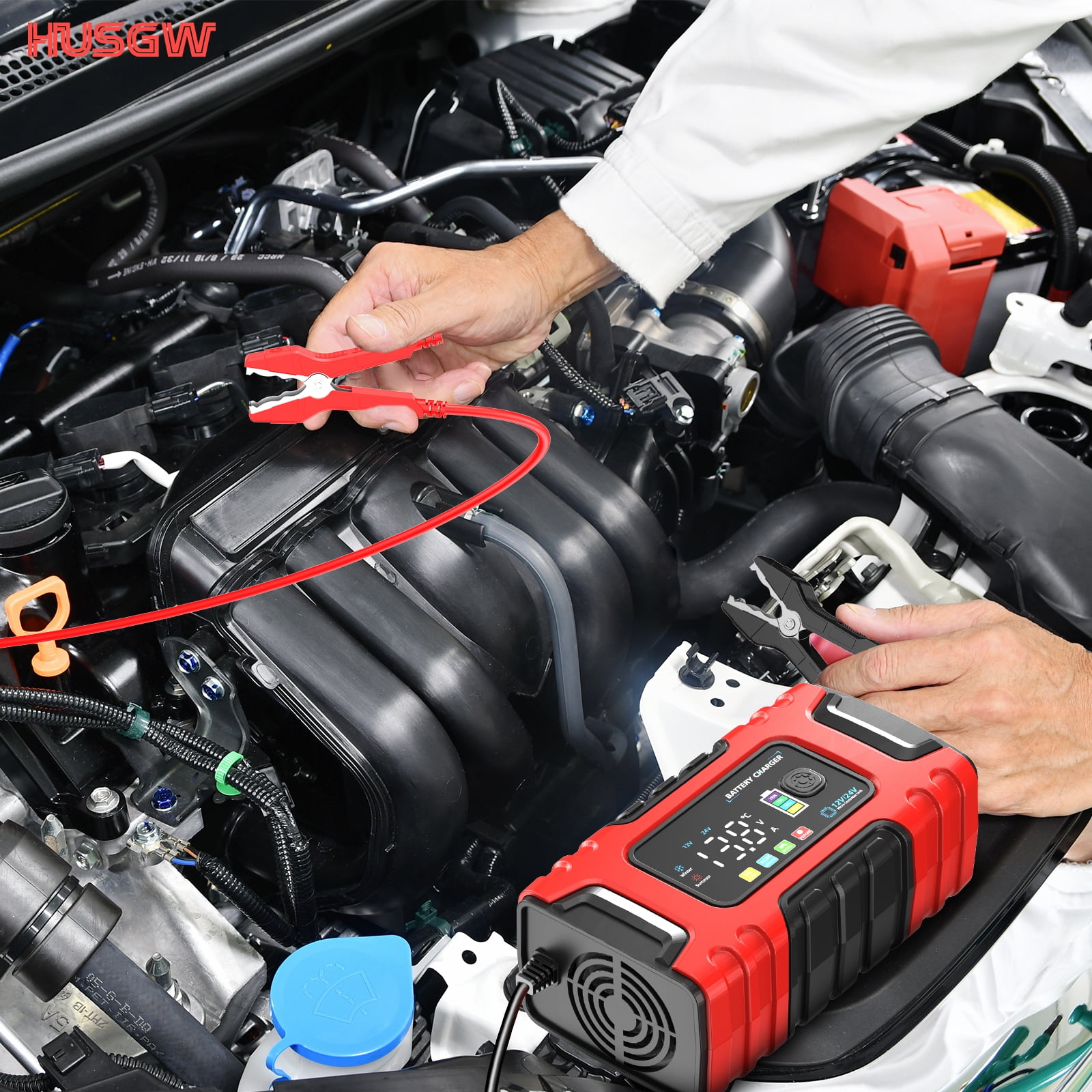 HUSGW Battery Charger 12V10A/24V5A Fully-Automatic Smart Car Battery Charger, Battery Maintainer Trickle Charger, Compatible with Lead-Acid & LiFePO4 ,AGM, STD, Gel, Deep Cycle Batteries
