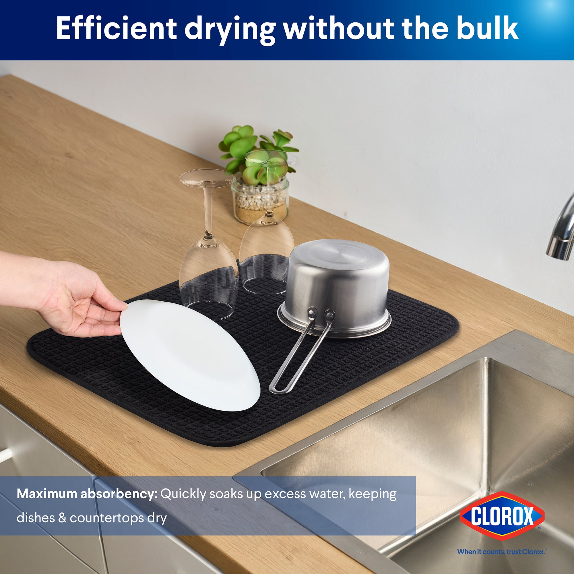 Clorox Dish Drying Mat, Absorbent Microfiber, 50% Recycled for Kitchen, 15" x 20" Black