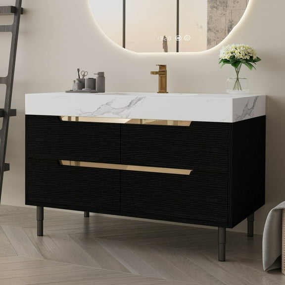 35.4-Inch Modern Bathroom Vanity with Durable Sintered Stone Countertop, Waterproof Solid Wood Cabinet, Four Soft-Close Drawers & Free-Standing/Wall-Mount Installation