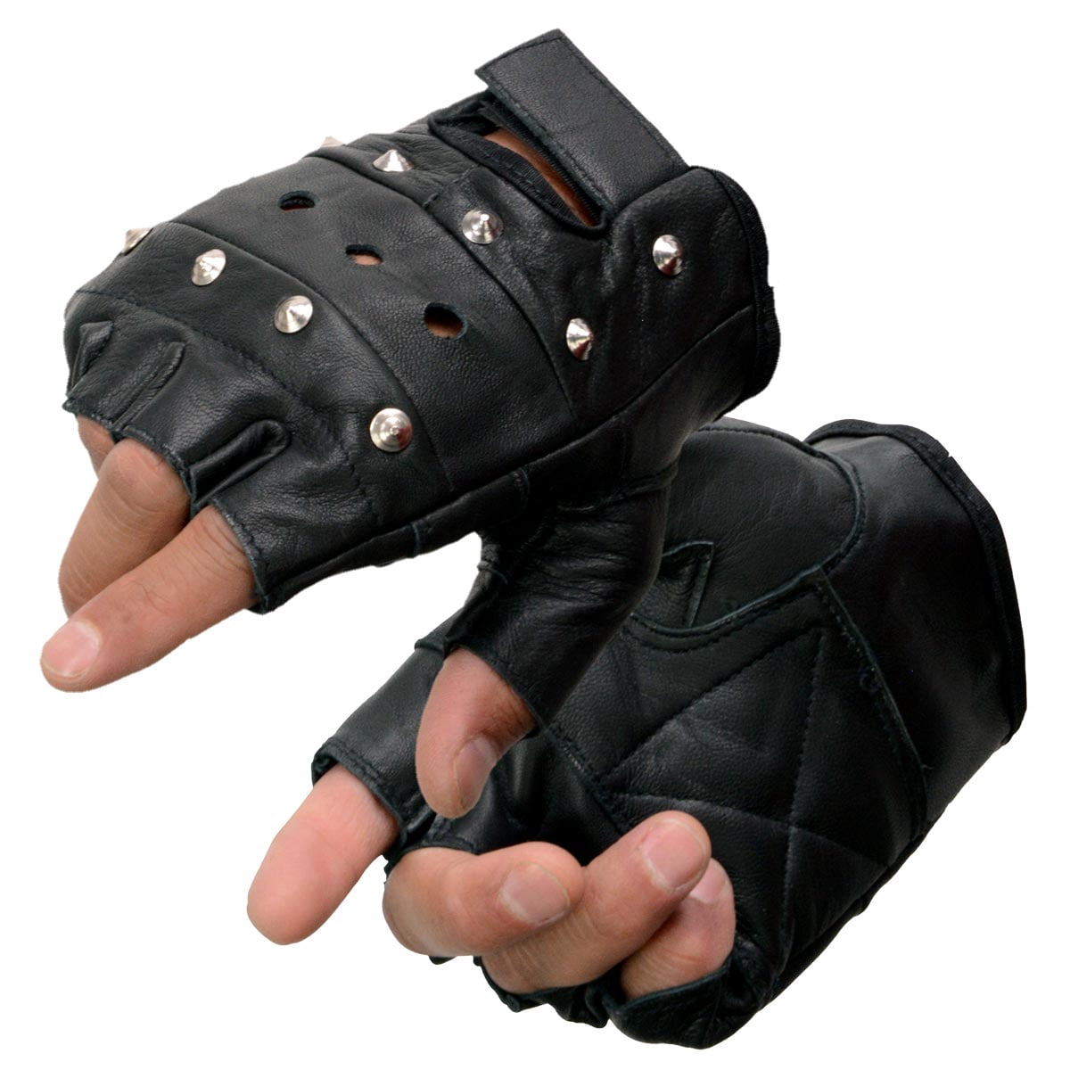 2 pack) FUEL Adult Black Fingerless Leather Motorcycle Gloves
