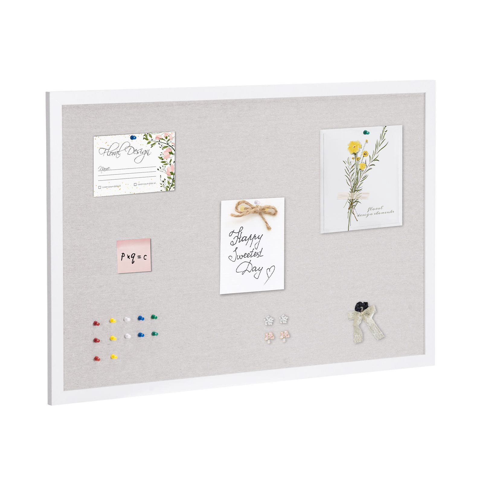 36" x 24" Bulletin Board with Linen Surface, Cork Board, White MDF Frame, 15 Push Pins, for Office Home Classroom Organization