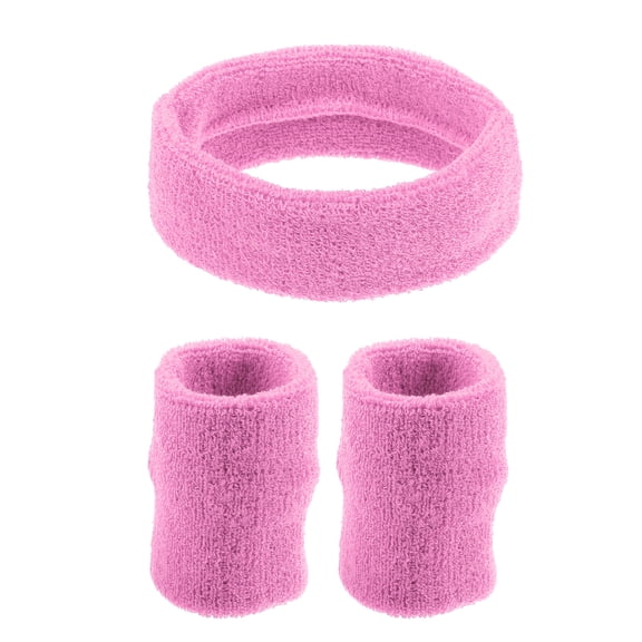 Unique Bargains 3 Pcs Sport Headband Wristband Sweatband Cotton Blend Pink