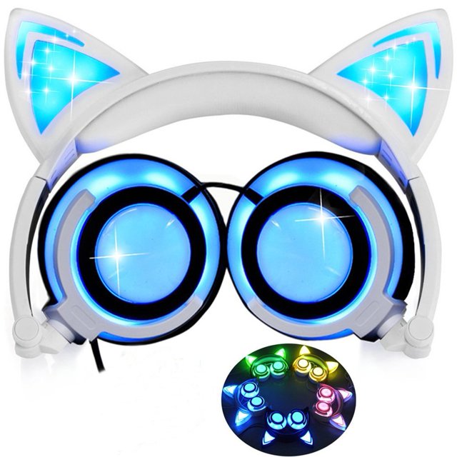 Auriculares tipo oreja de gato con luz LED intermitente, para niñas, niños, compatibles con PC portátil, teléfono inteligente, MP3 (blanco) JFHHH pequeña