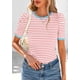 thumbnail image 3 of Camiseta PRETTYGARDEN para mujer, color bloque de colores, a rayas, rosa, 3 of 9