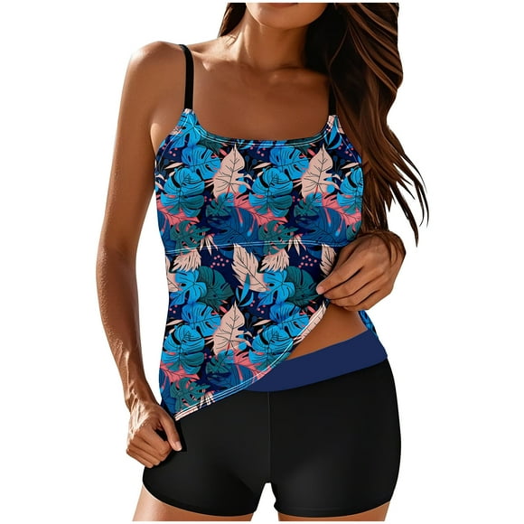 LMKIHUSA Womens Tankini Swimsuits Tummy Control Shorts Casual Trendy Summer 2025 Swimwear 2 Piece Swim Suits Hawaii Beach Hawaiian Floral Print Bathing Suits Multicolor,S