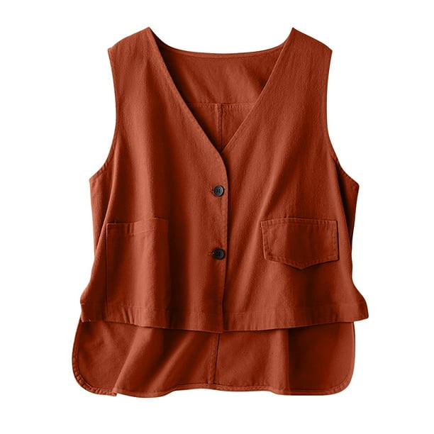 Vestidos Casuales Para Mujer, Blusas De Mujer De Moda Blusa informal de lino sin mangas y con bolsillos abotonados para mujer