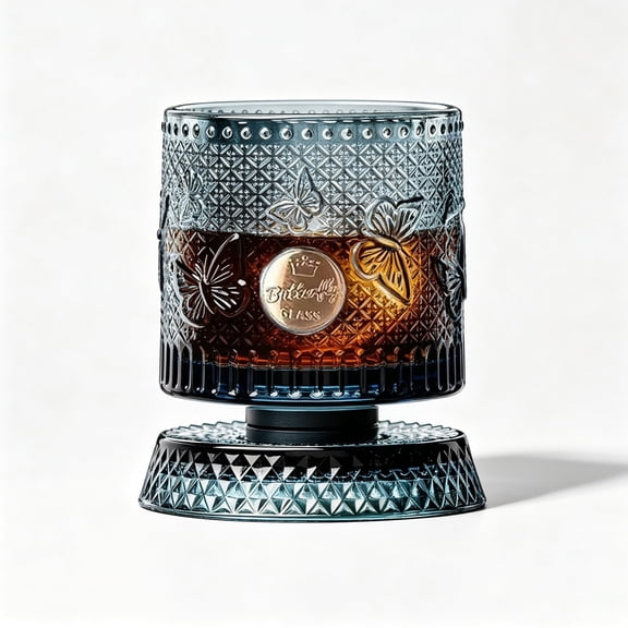 Spinning Whiskey Glass 8.3 oz Vintage Old Fashioned Rocks Glass, Crystal Spinning Drinking Glass for Bourbon, Scotch, Cocktails, Coffee Aesthetic Gift for Whiskey Lovers (Butterfly)