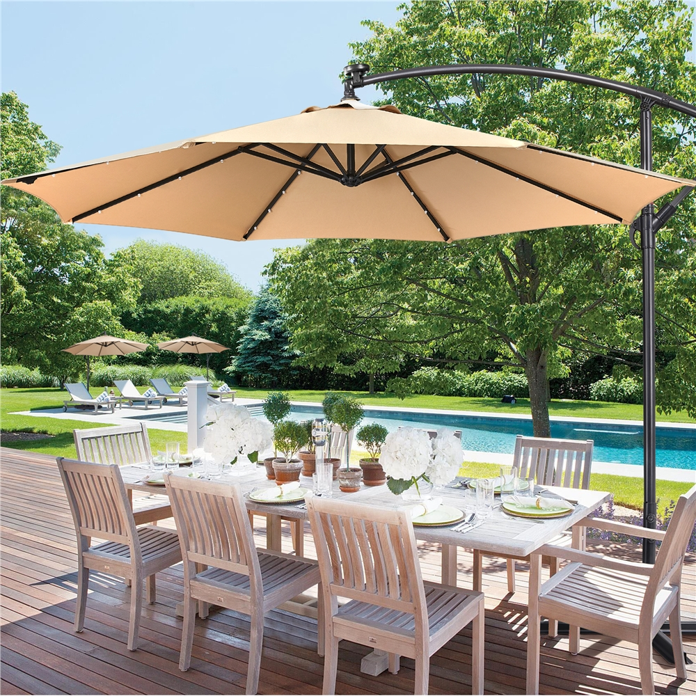 Yaheetech 10 Ft Patio Offset Umbrella with 32 LED Lights and Crank & Cross Base, Tan