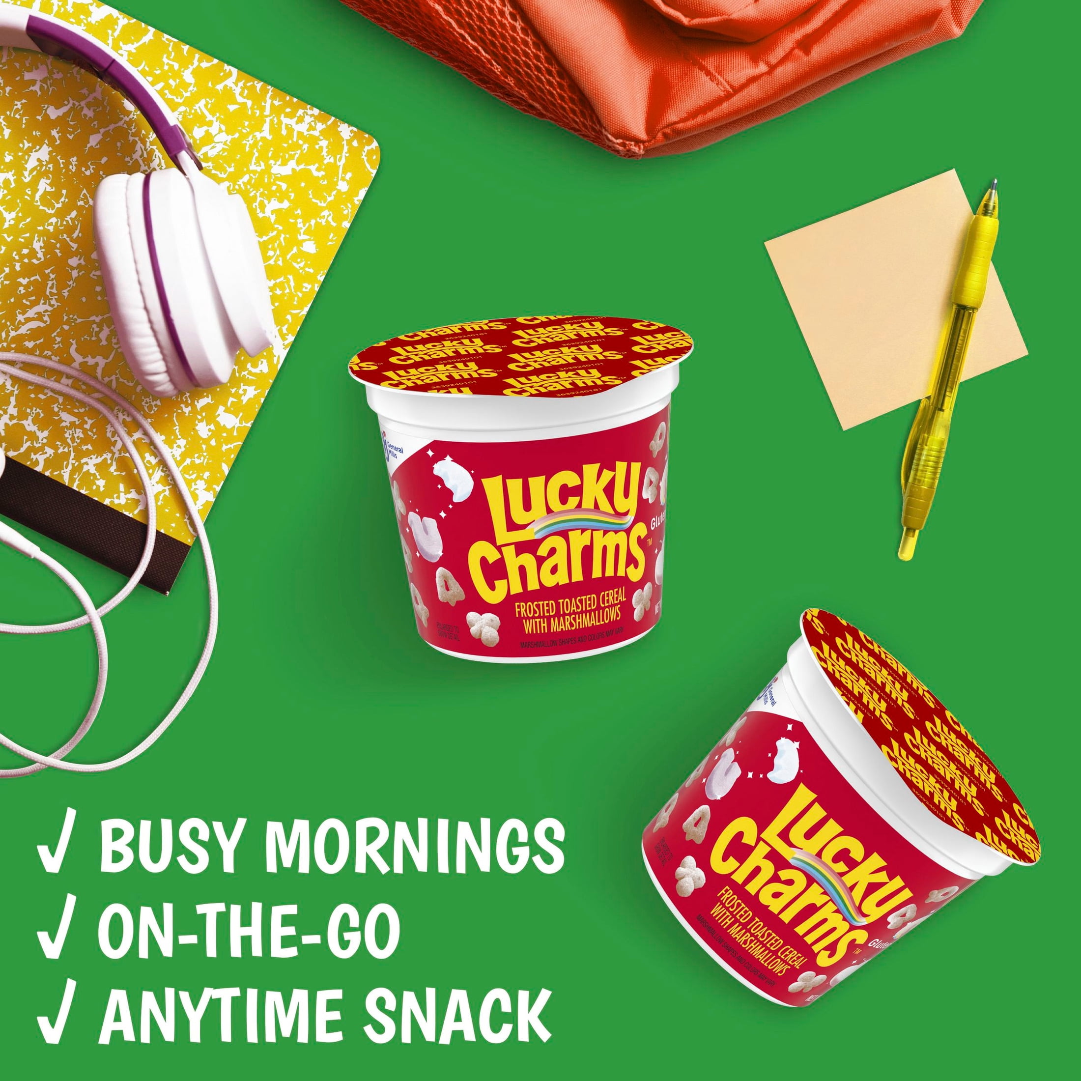 (2 pack) Lucky Charms with Marshmallows Breakfast Cereal Cup, Gluten Free, Single Serve, 1.7 oz