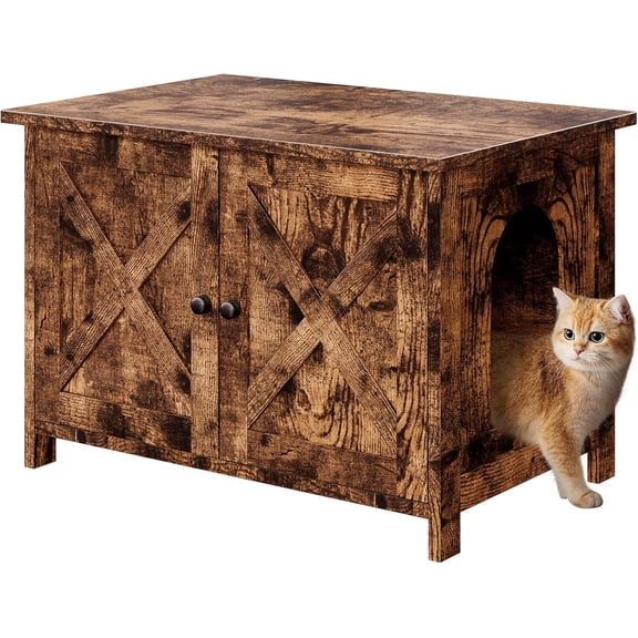 YEXJ Cat Litter Box Enclosure,Litter Box Furniture Hidden with Barn Door,Wooden Cat Washroom Furniture,Cat House,End Table, Fit Most of Litter Box-Rustic Brown