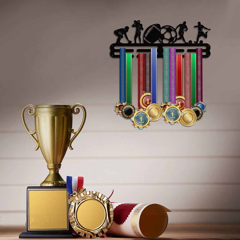 PH Football Soccer Medal Holder Athletics Medal Hanger Display Rack Wall Mount Hanger Decor Trophy Shelf Tiered Award Rack Award Ribbon Hanger