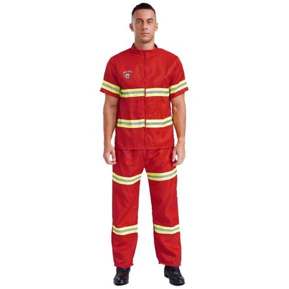 iiniim Men Firefighter Costume Fire Captain Dress Up Outfits Fireman Halloween Role Play 4 Piece Suit Red 160