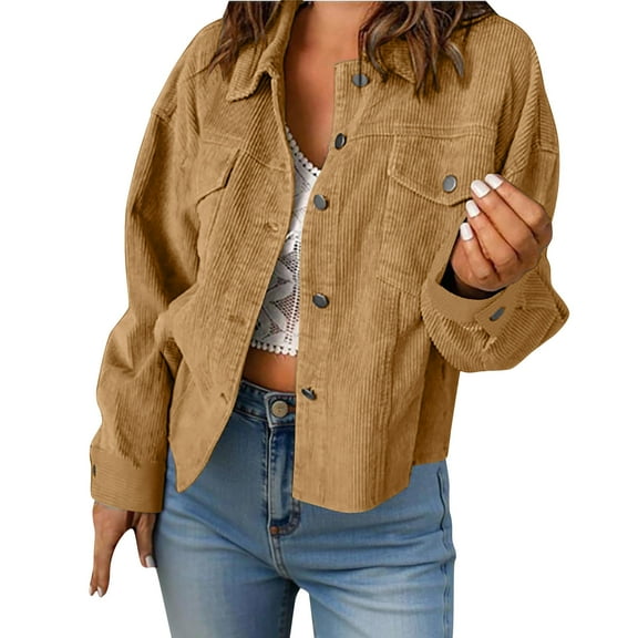 Erwazi Women's Corduroy Jacket Button Down Long Sleeve Basic Trendy Cardigan Jacket Coat with Pockets