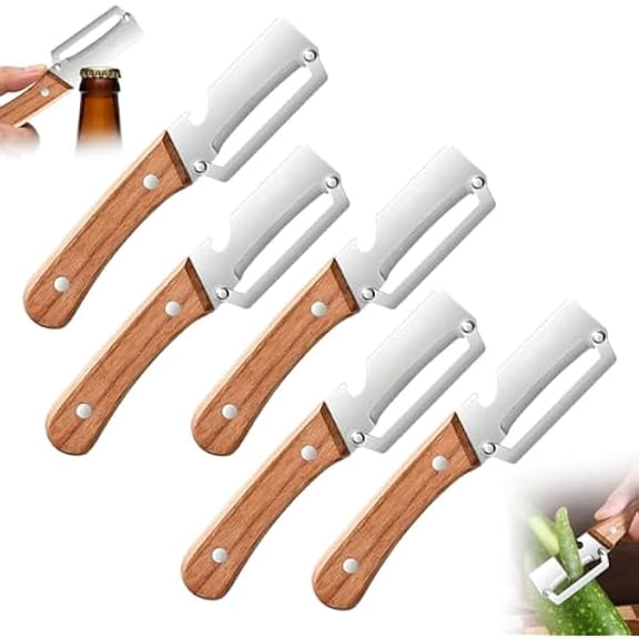 Premium Vegetable Peeler with Wooden Handle and Bottle Opener: 2-in-1 Stainless Steel Kitchen Tool for Fruit Apple Potato Pumpkin Papaya (5 PCS) - Multi-Functional High-Efficiency Desig