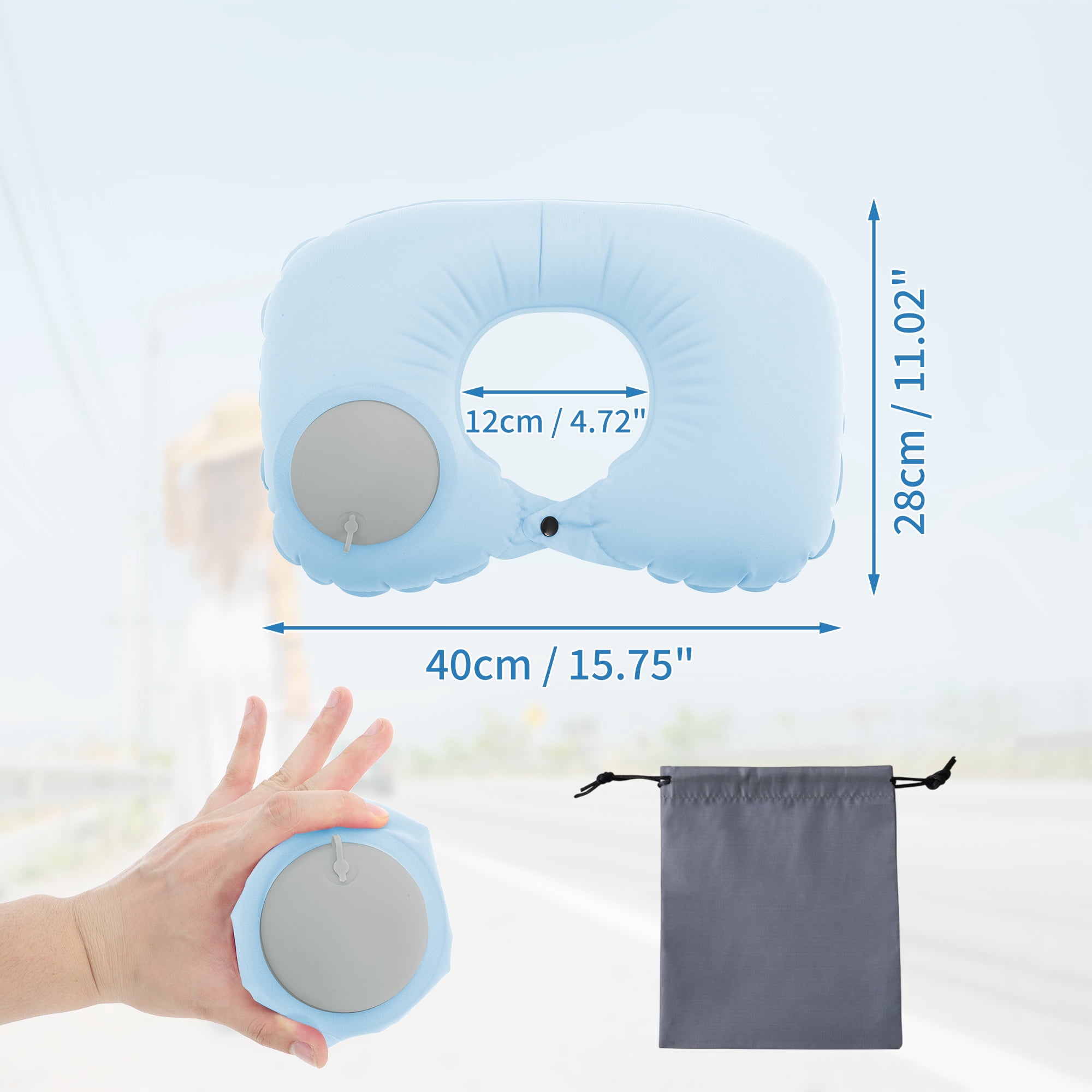 Unique Bargains Travel Pillow Press to Inflate Neck Pillow Blue 15.75"x11.02"