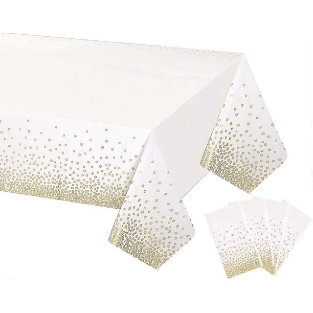 4 Pack White and Gold Disposable Plastic Tablecloth for Rectangle Tables(54" x 108"), Disposable Waterproof Table Cover for Birthday, Graduation, Gold