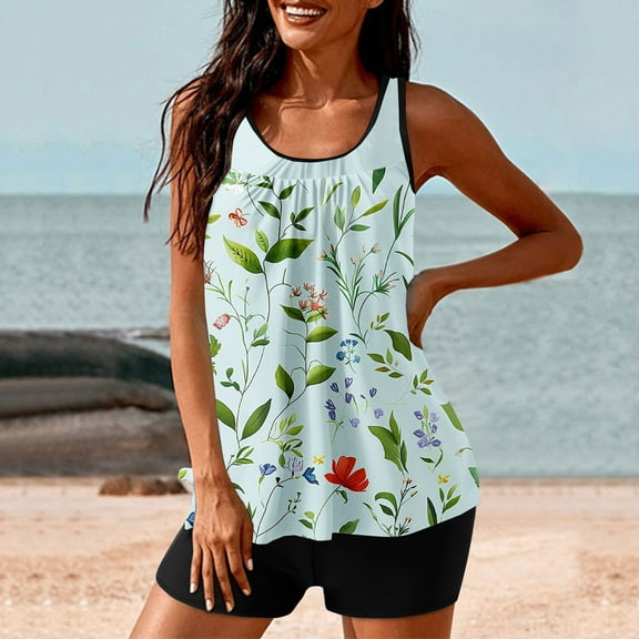 CALAFEBILA Tankini Womens Swimsuits Plus Size Modest 2 Piece Pleated Floral Print Bathing Suits